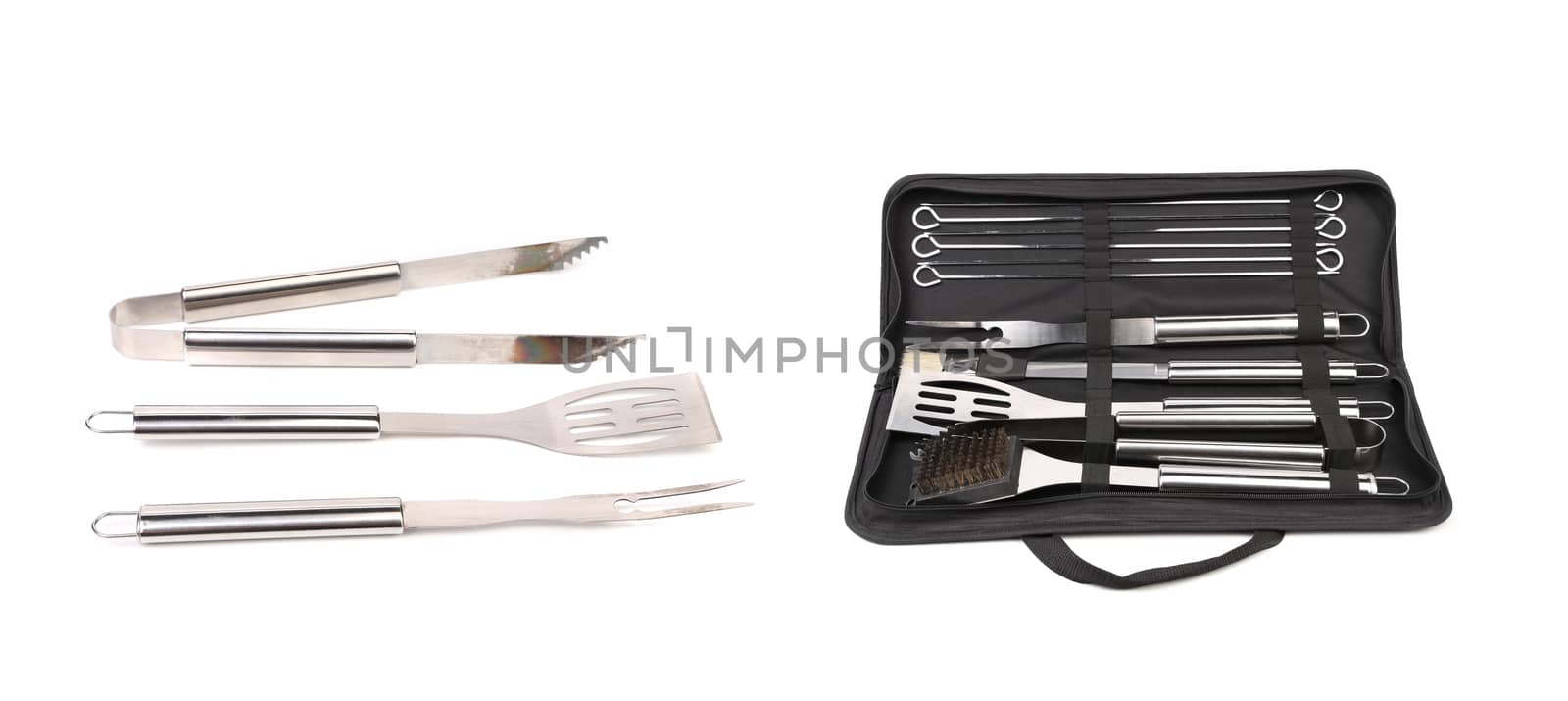 Set of tools for bbq in black bag. Isolated on a white background.