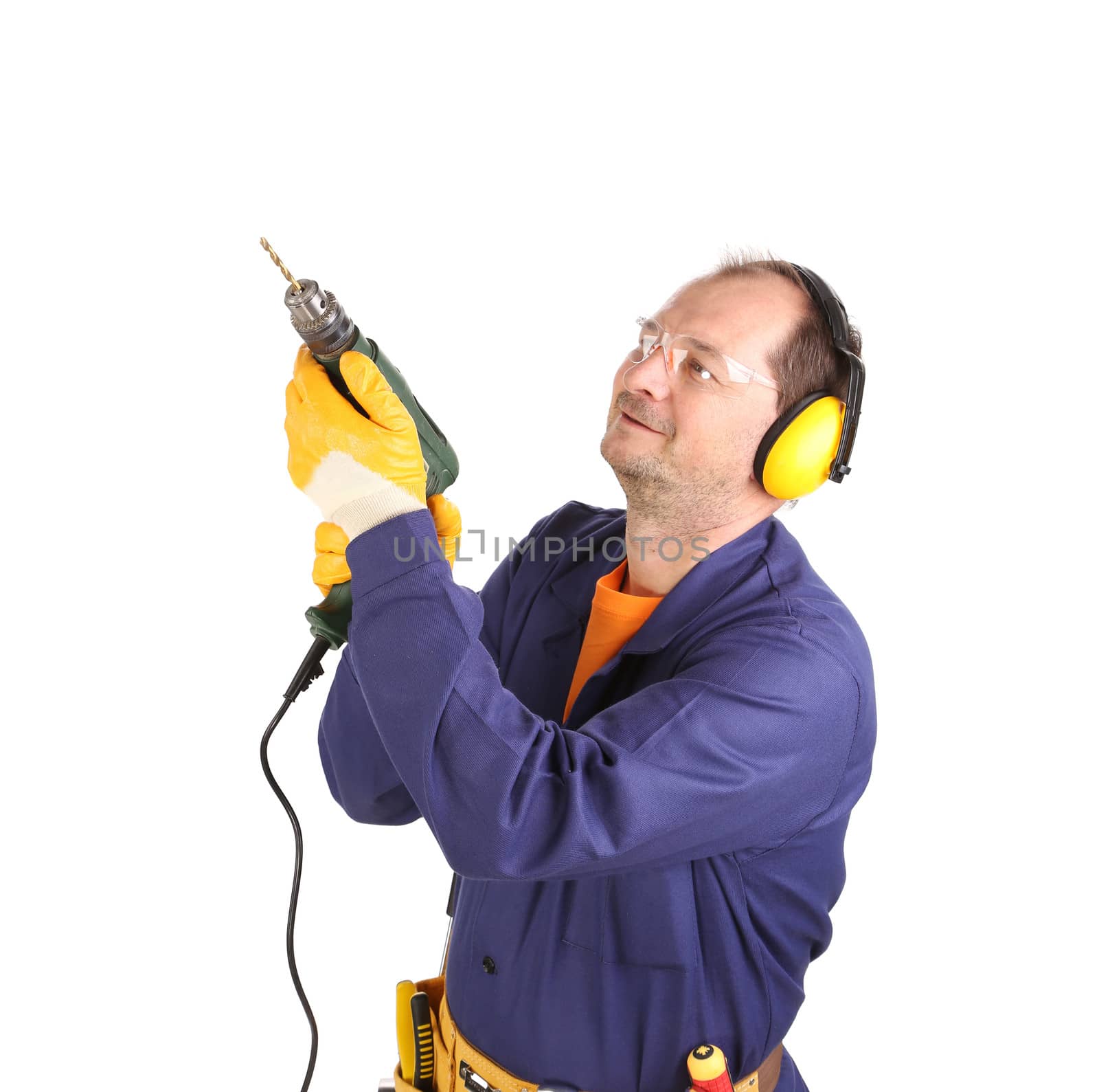 Worker in ear muffs and glasses with drill. Isolated on a white backgropund.