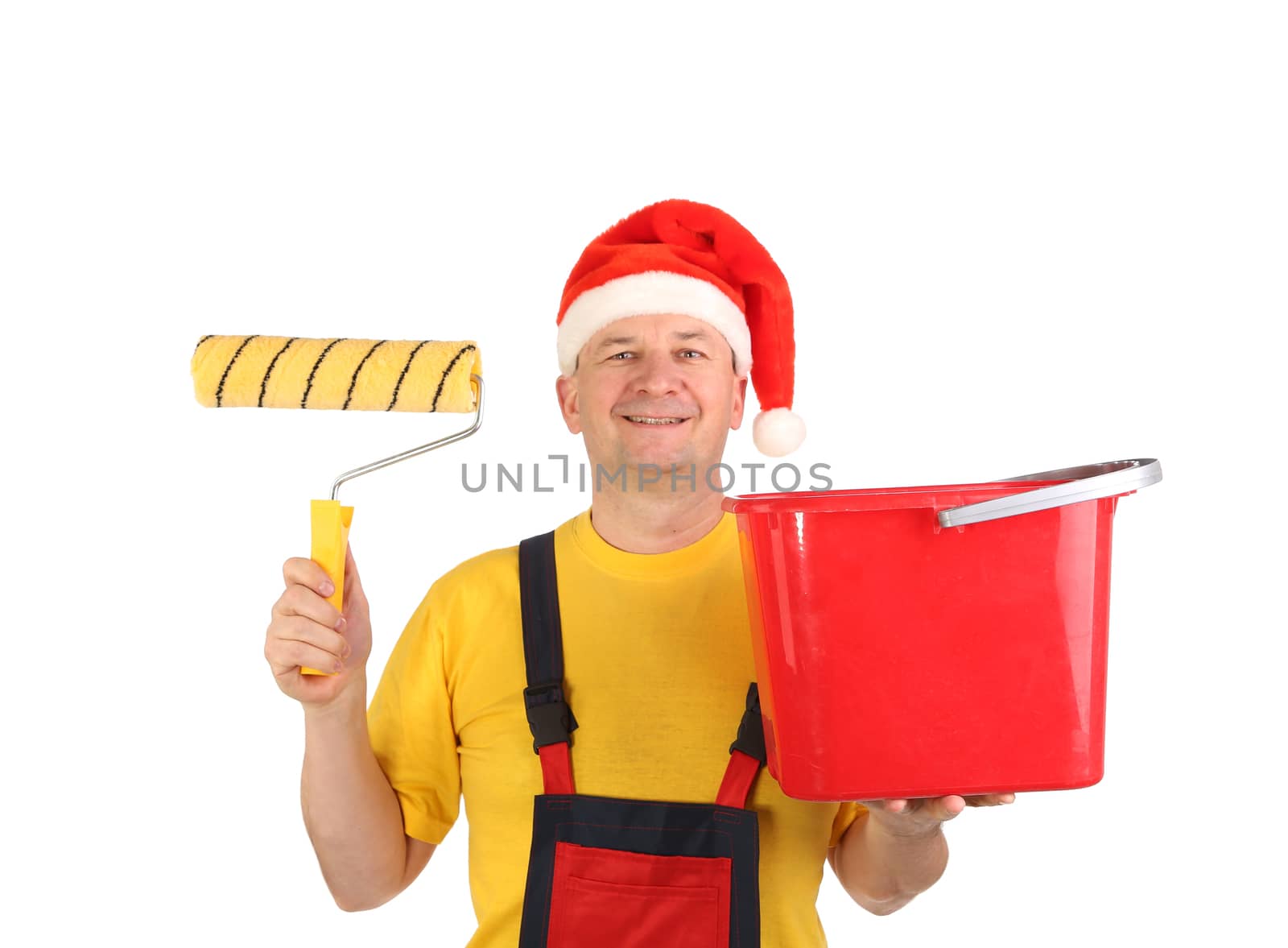 Worker in santa's hat with bucket. Isolated on a white background.