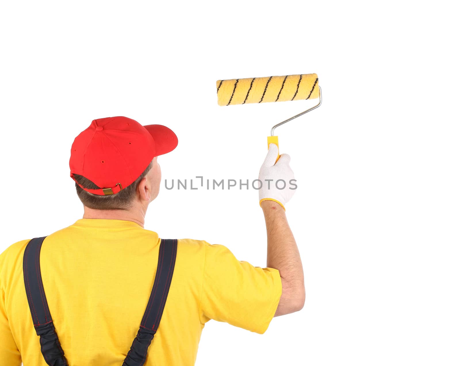 Worker working with roller. Isolated on a white background.