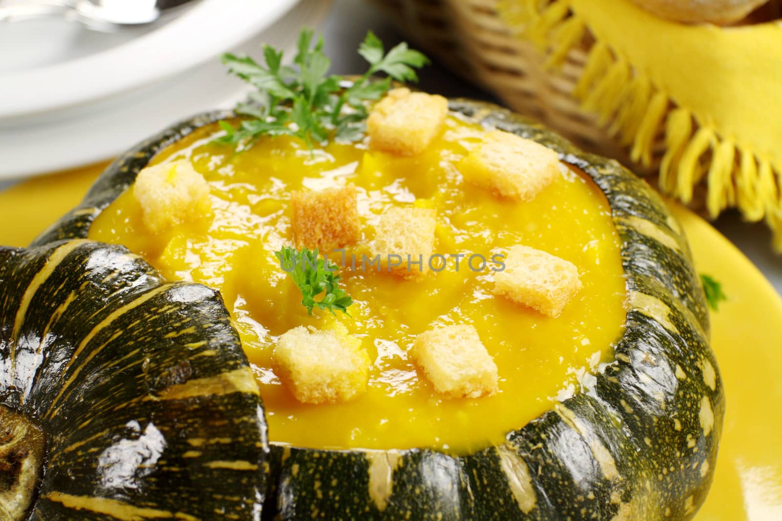 Freshly cooked pumpkin soup with crispy croutons.