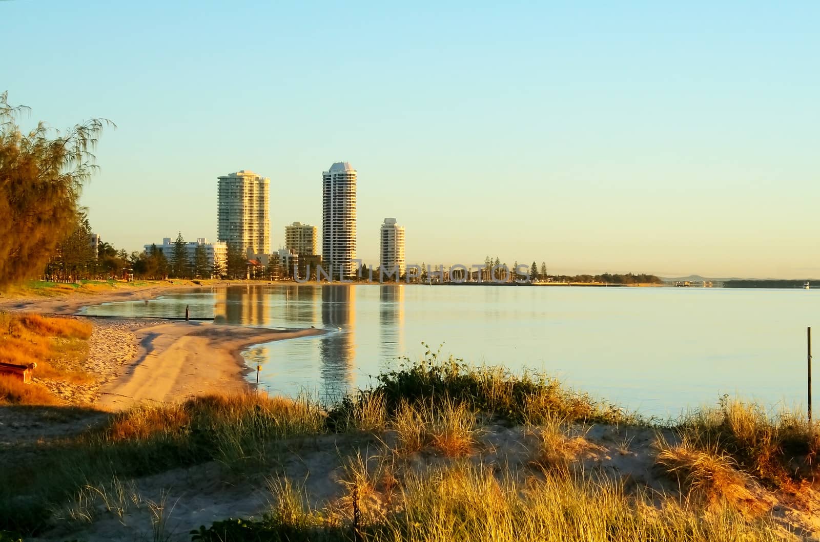 View of Runaway Bay on the Gold Coast in Australia from the Broadwater at sunrise.