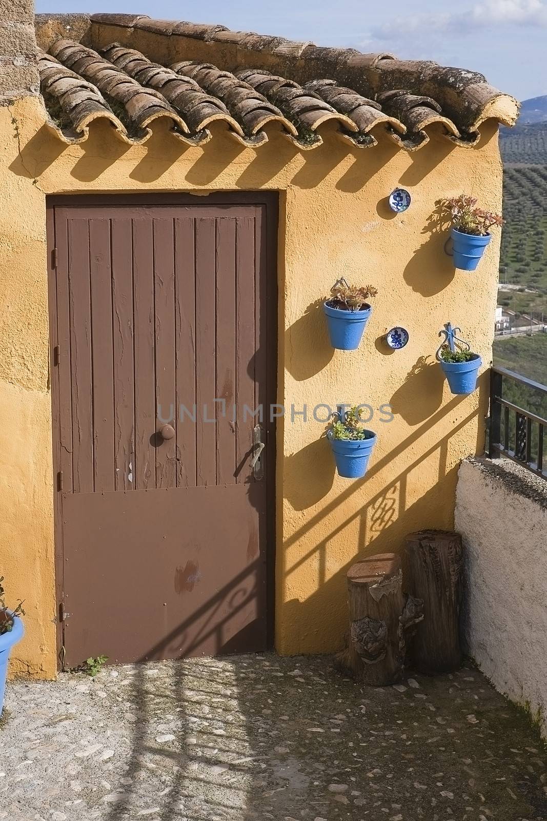 Traditional Andalusian townhouse decorated with flower pots, Iznajar, Cordoba province, Andalucia, Spain