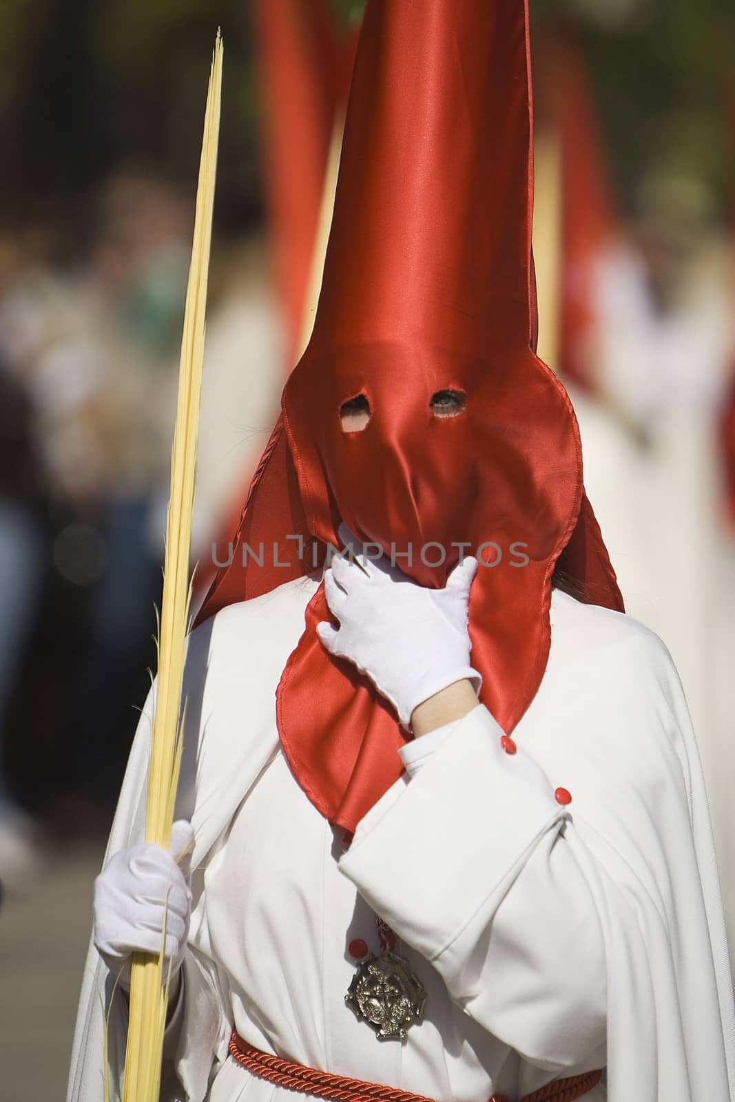 Detail penitent holding a palm during Holy Week, Spain