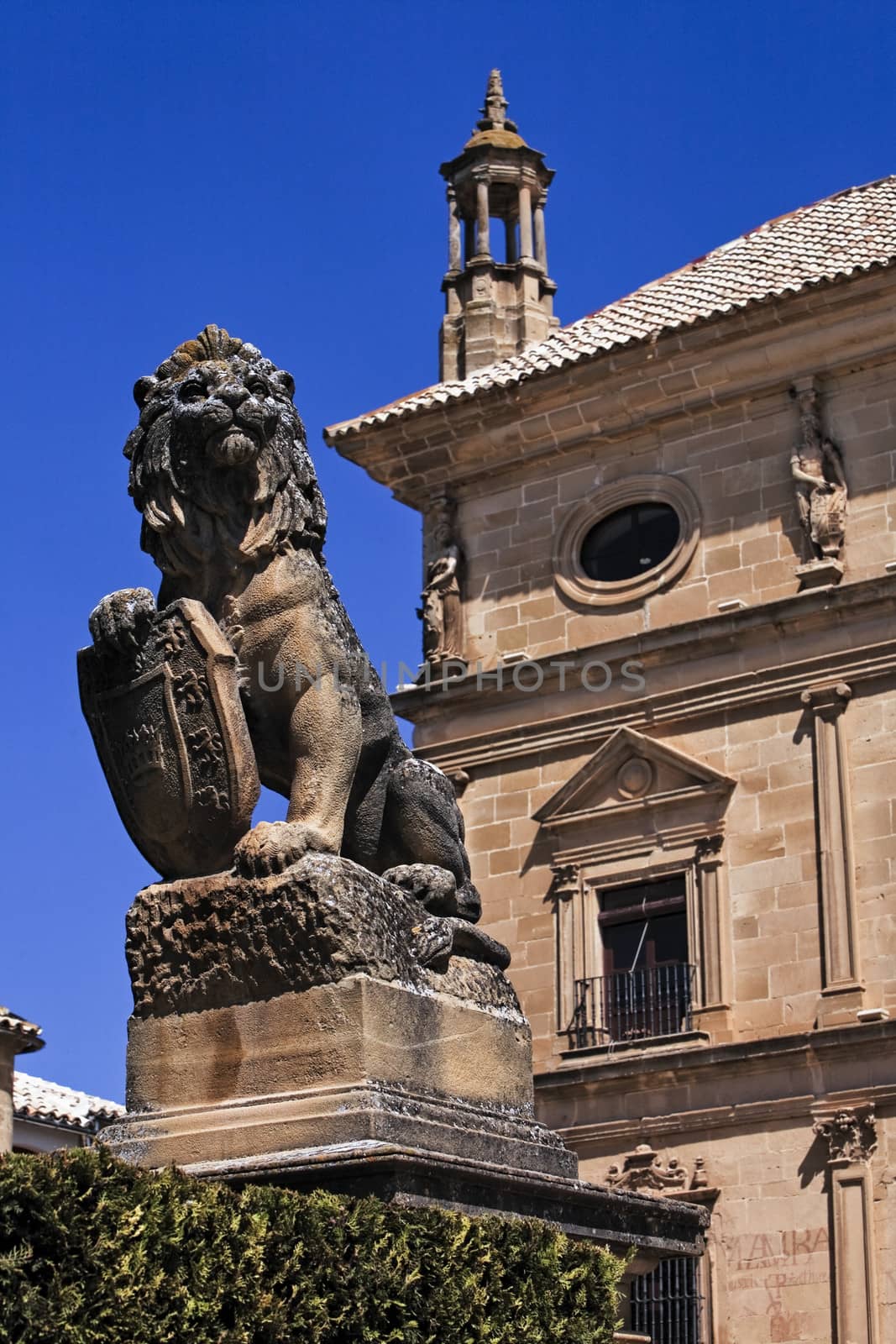 Lion statue with shield at Ubeda city, Jaen province, Andalusia, Spain