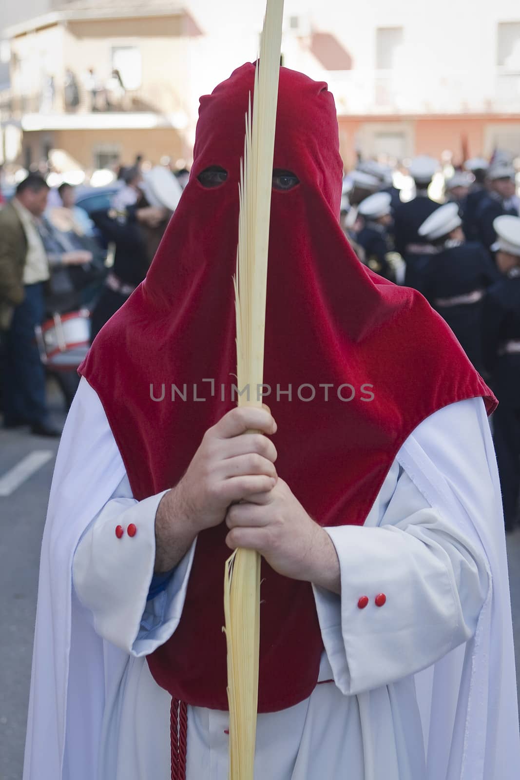 Detail penitent  holding a palm during Holy Week on Palm sunday, Spain