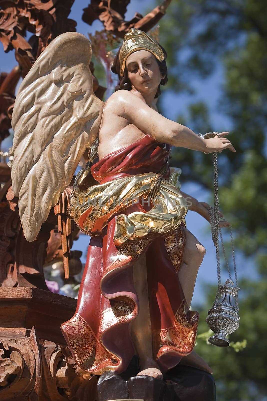 Archangel sculpted in polychromatic cedar wood, art of baroque style in Holy Week, Spain