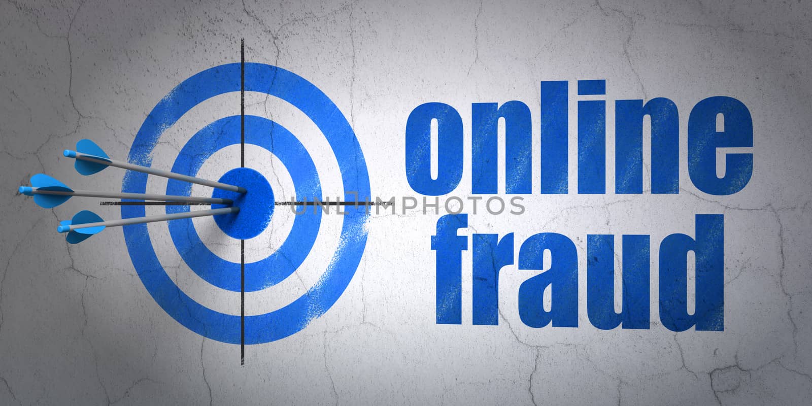 Success privacy concept: arrows hitting the center of target, Blue Online Fraud on wall background, 3d render