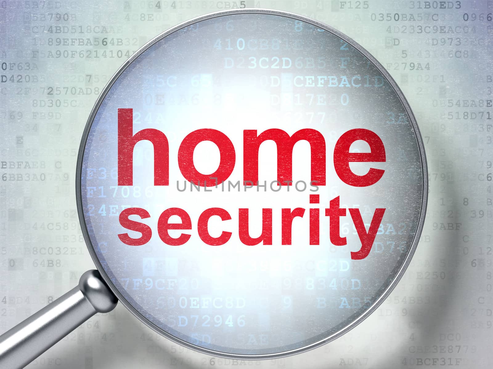 Privacy concept: magnifying optical glass with words Home Security on digital background, 3d render