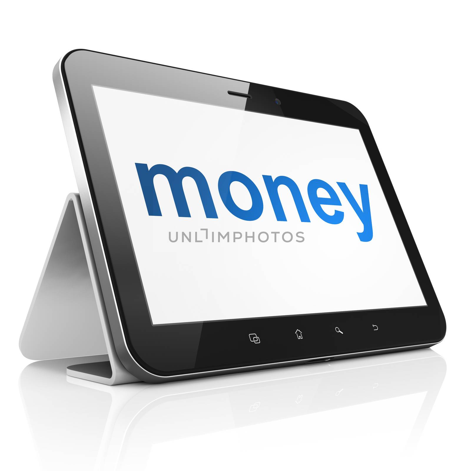 Finance concept: black tablet pc computer with text Money on display. Modern portable touch pad on White background, 3d render