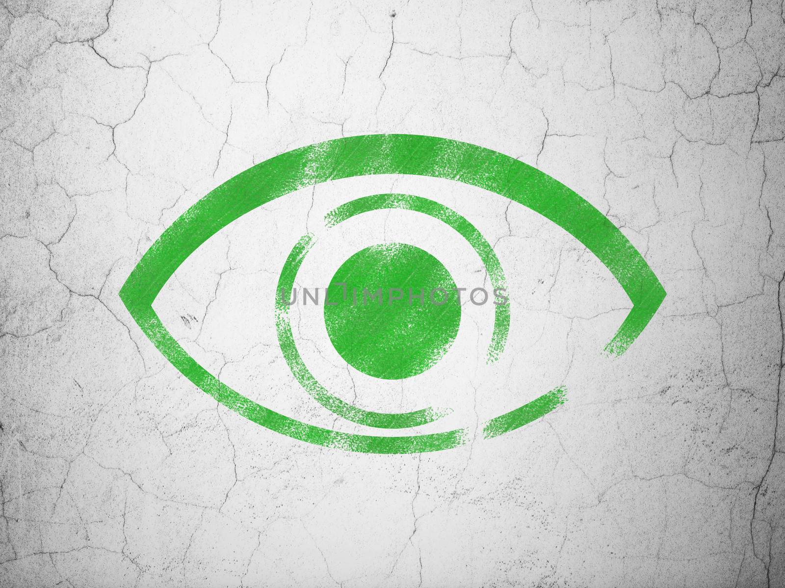 Protection concept: Green Eye on textured concrete wall background, 3d render