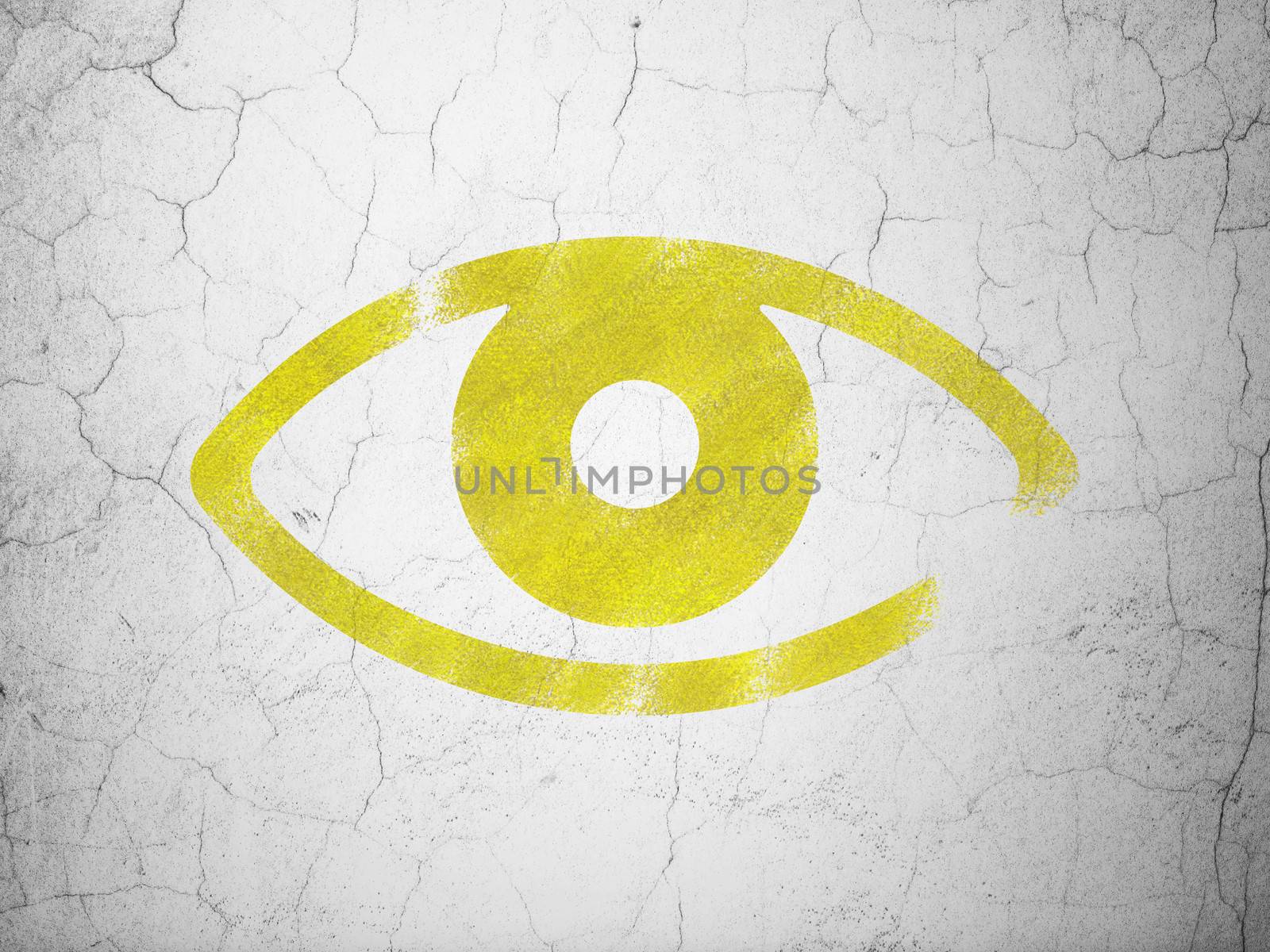 Privacy concept: Yellow Eye on textured concrete wall background, 3d render