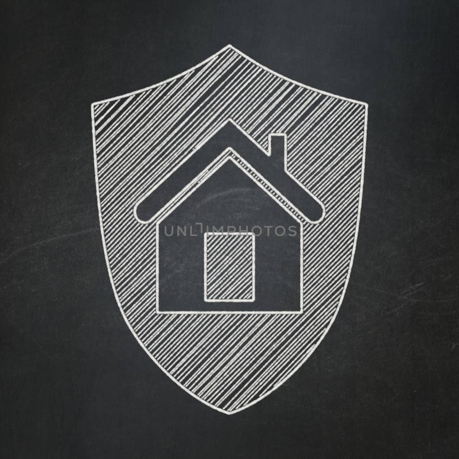 Finance concept: Shield icon on Black chalkboard background, 3d render