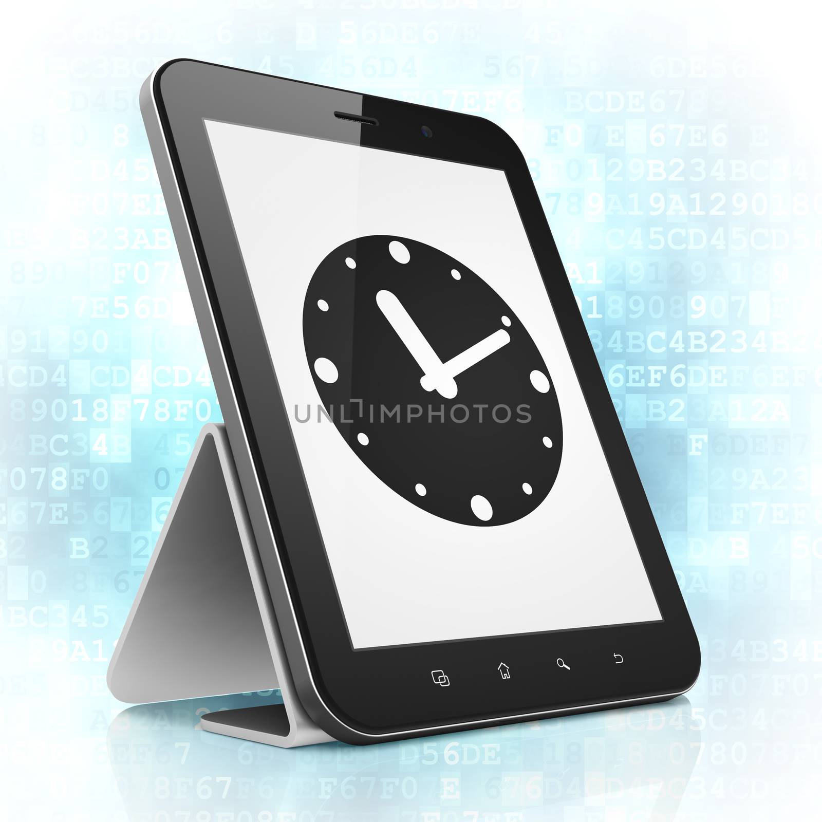 Time concept: black tablet pc computer with Clock icon on display. Modern portable touch pad on Blue Digital background, 3d render