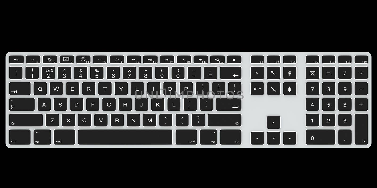 Computer keyboard isolated on dark background. Top view
