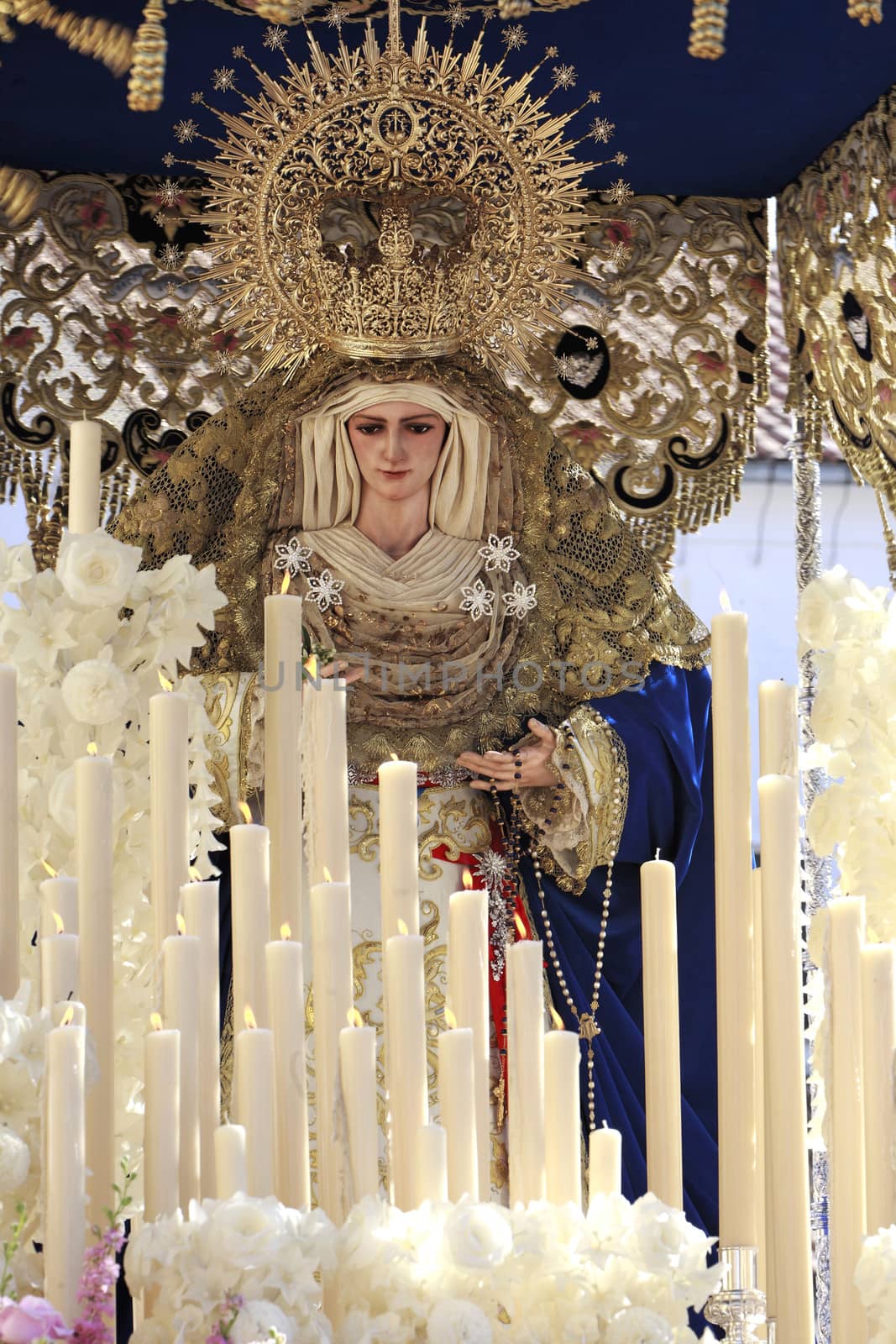 Cedar wood carving of Virgen del Amor Hermoso during procession of Holy Week, Linares, Jaen, Andalusia, Spain