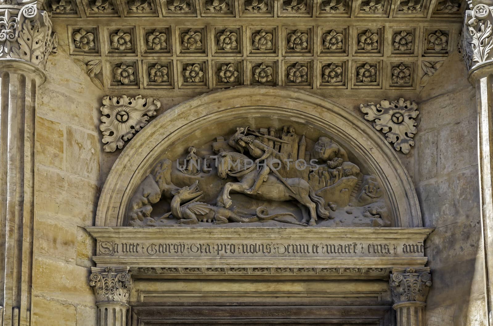 Fight with the dragon. Medieval architecture detail at St. George's Basilica, Prague, Czech Republic.