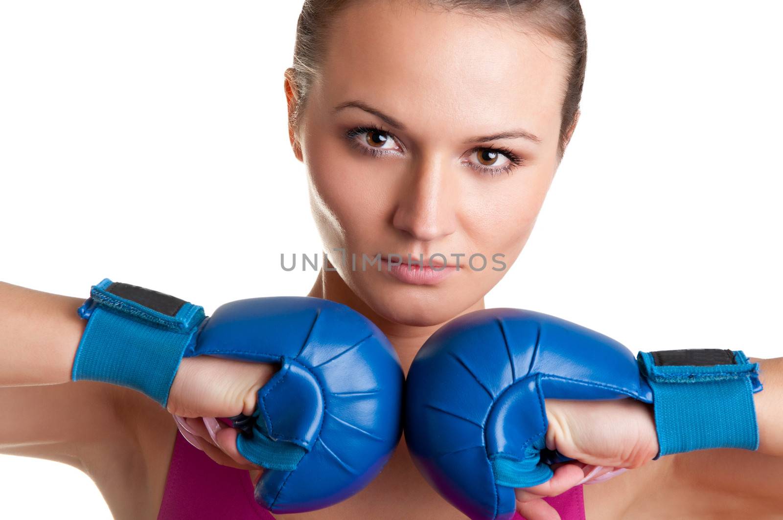 Female boxer ready to fight, isolated in a white background