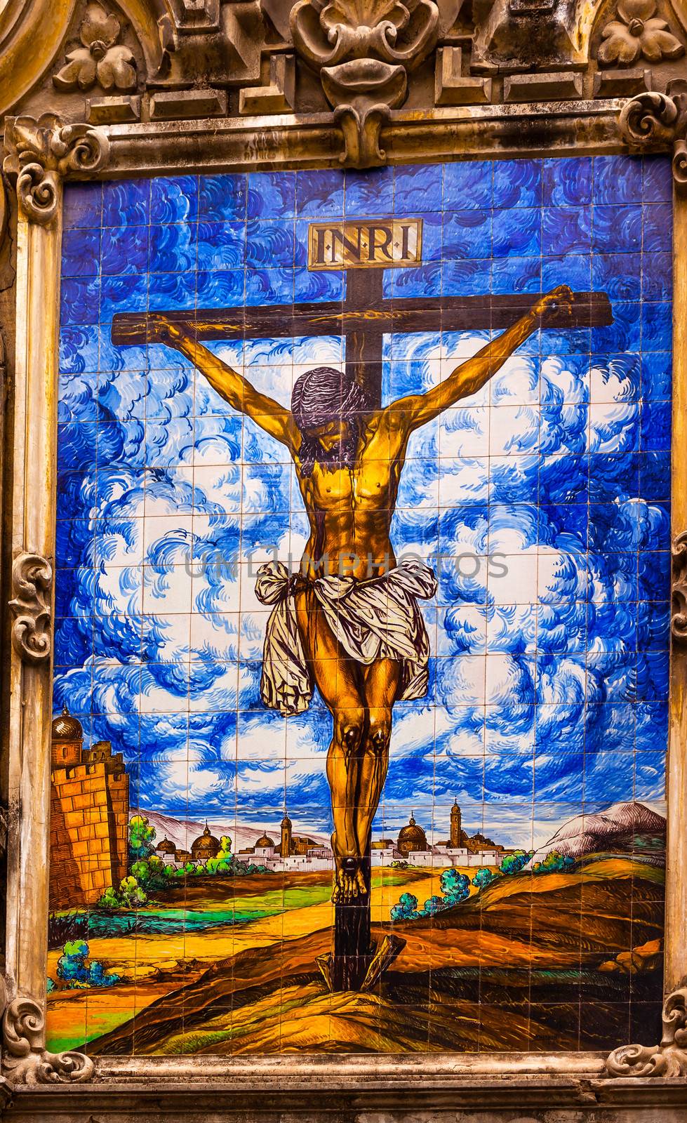 Jesus Christ Crucifixion on Cross Ceramic Street Mosaic Seville, Andalusia Spain. Outside Church of El Salvador, Iglesia de El Salvador.