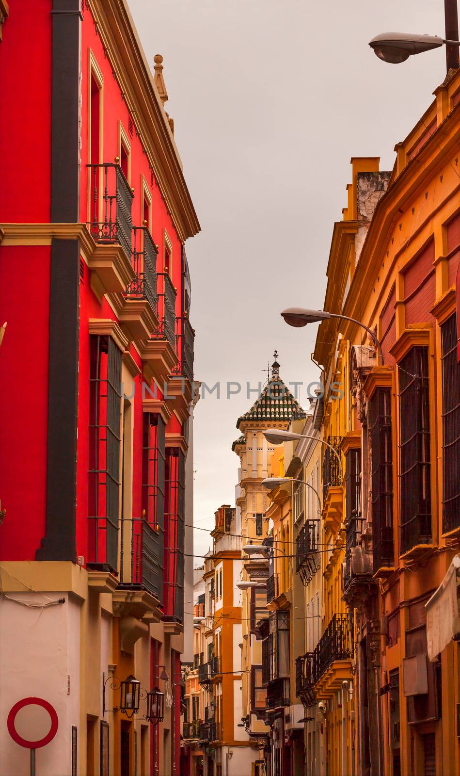 Narrow Streets of Seville, Street Lamp Cityscape, City View Andalusia Spain.    