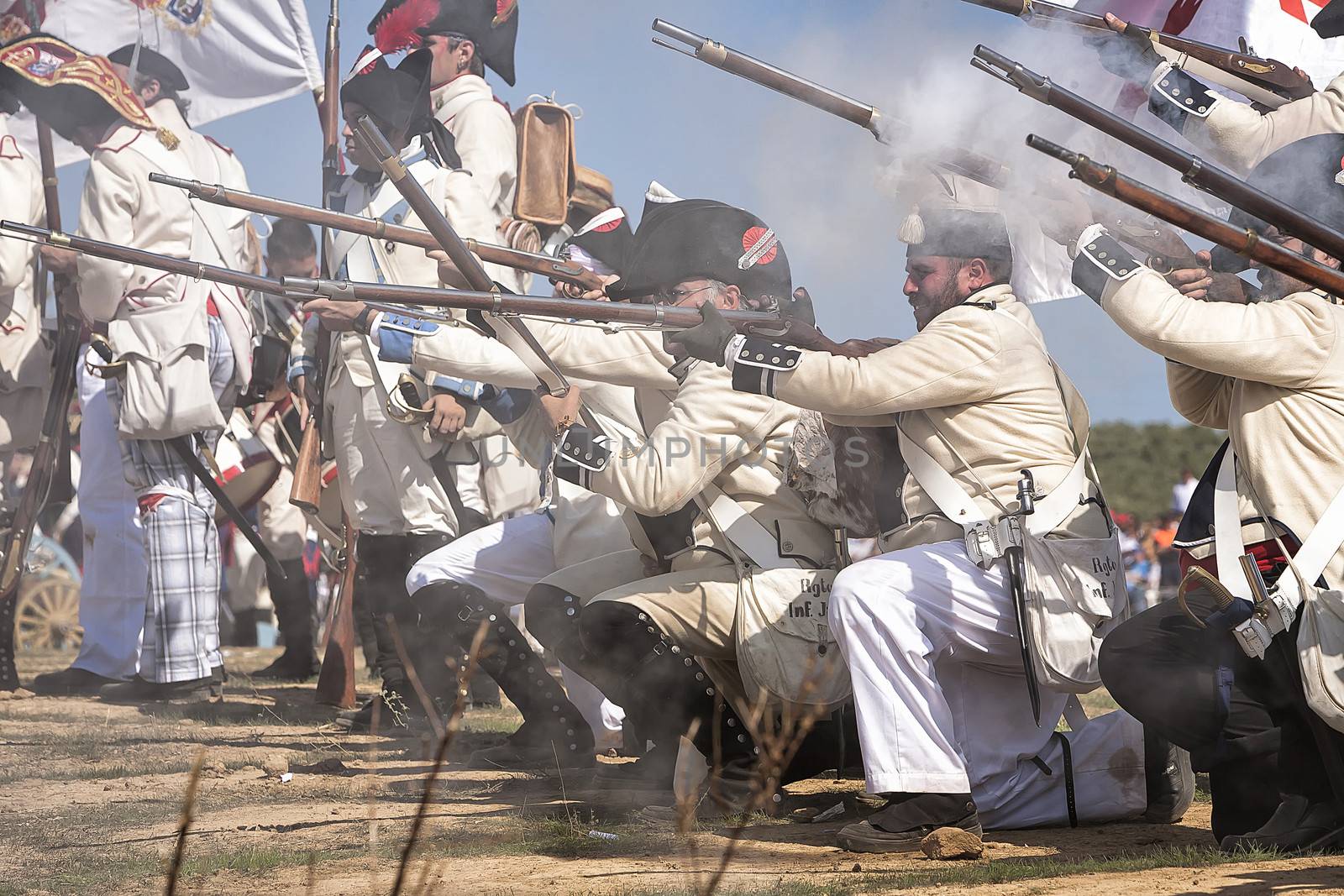 Troops of Spanish soldiers firing on the battlefield in Representation of the Battle of Bailen, Bailen  Jaen province, Andalusia, Spain