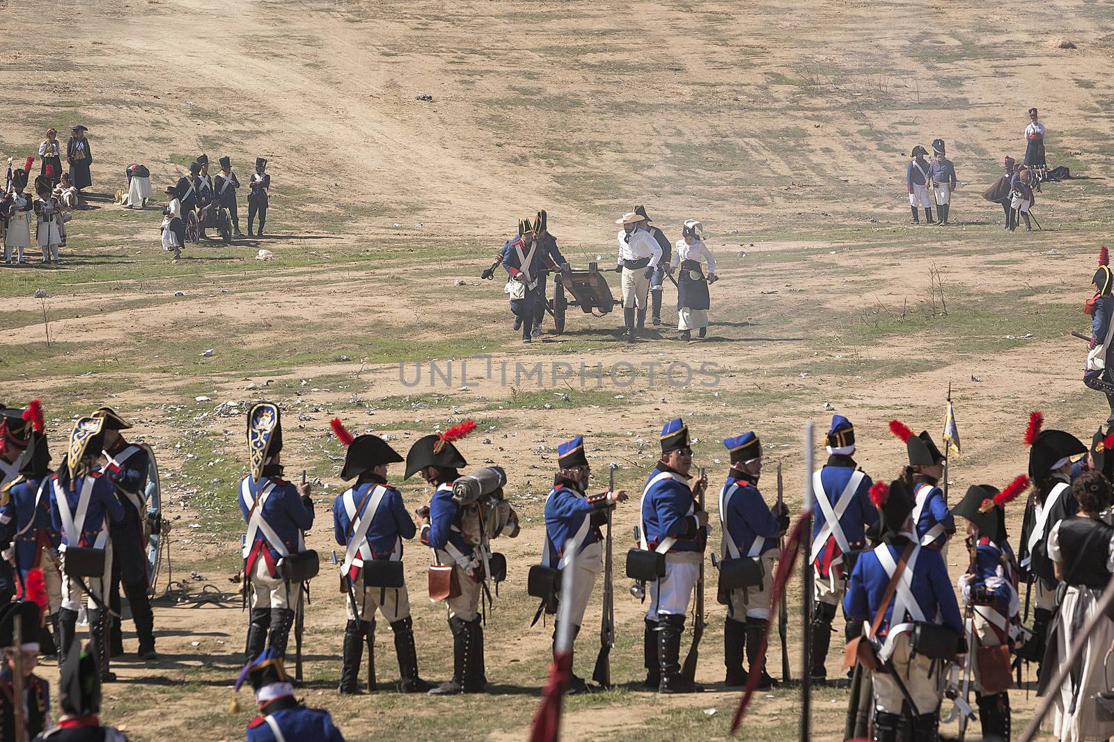 Allies help French troops take a cannon on the battlefield in Representation of the Battle of Bailen of 1808, Bailen,  Jaen province, Andalusia, Spain