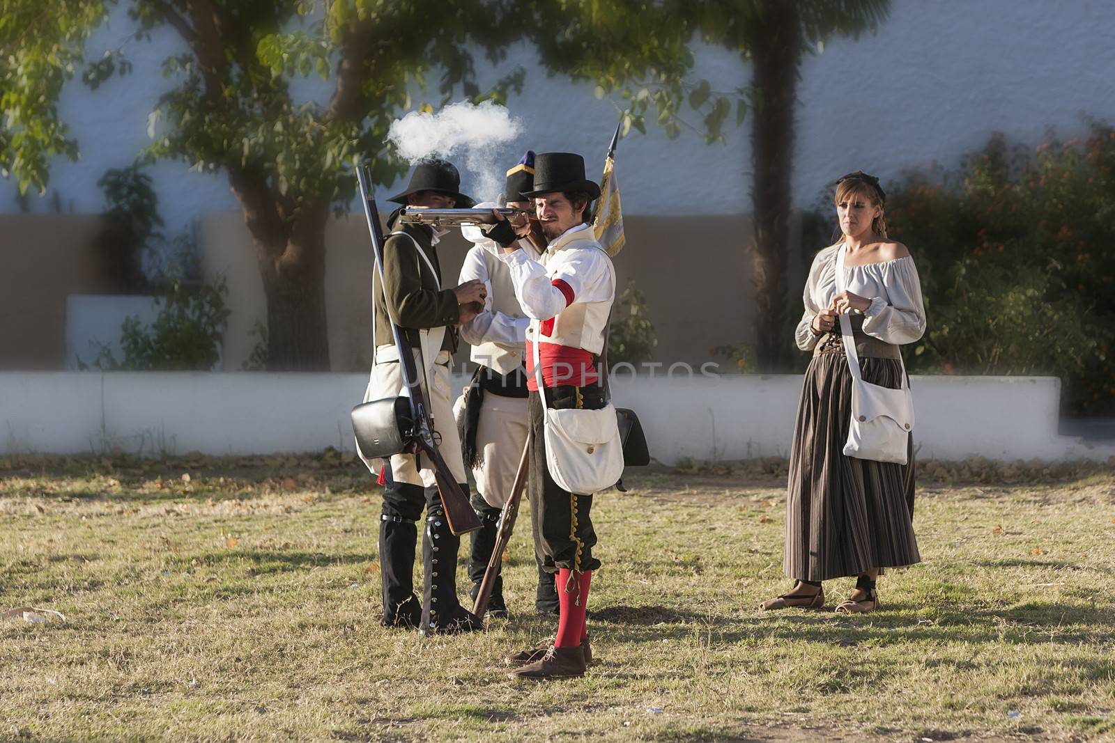 Republican soldiers practice shooting during the Representation of the Battle of Bailen, Bailen  Jaen province, Andalusia, Spain