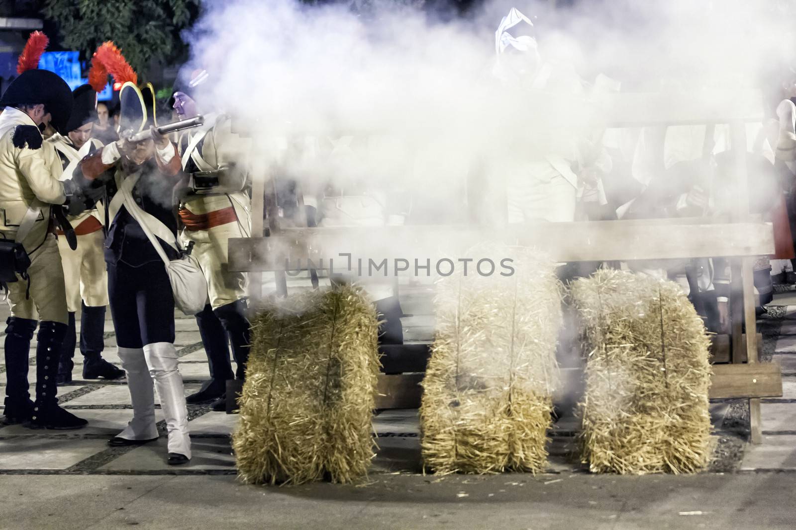 French soldiers firing from a barricade during the Representation of the Battle of Bailen, Bailen  Jaen province, Andalusia, Spain