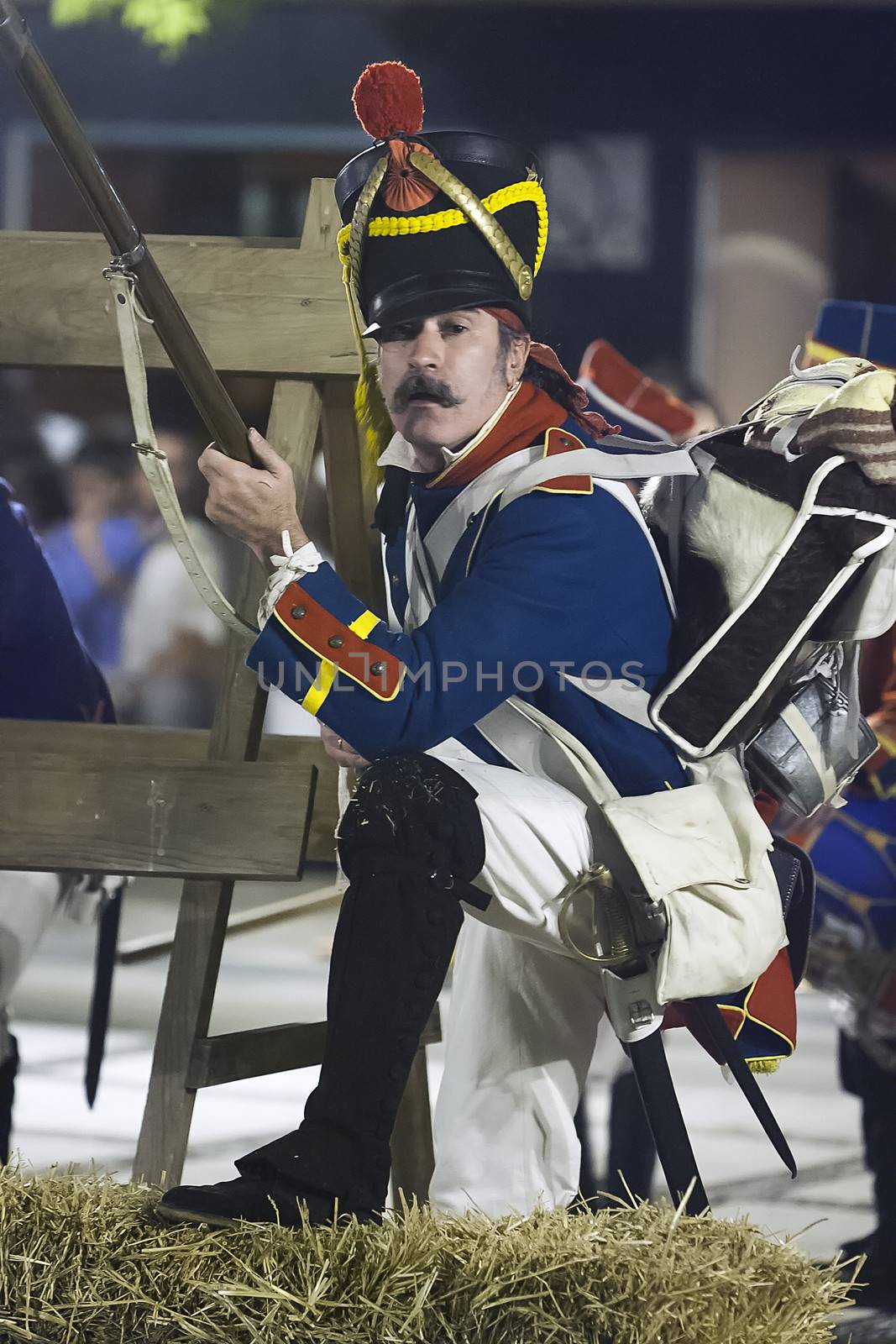 French soldiers firing from a barricade during the Representation of the Battle of Bailen, Bailen  Jaen province, Andalusia, Spain