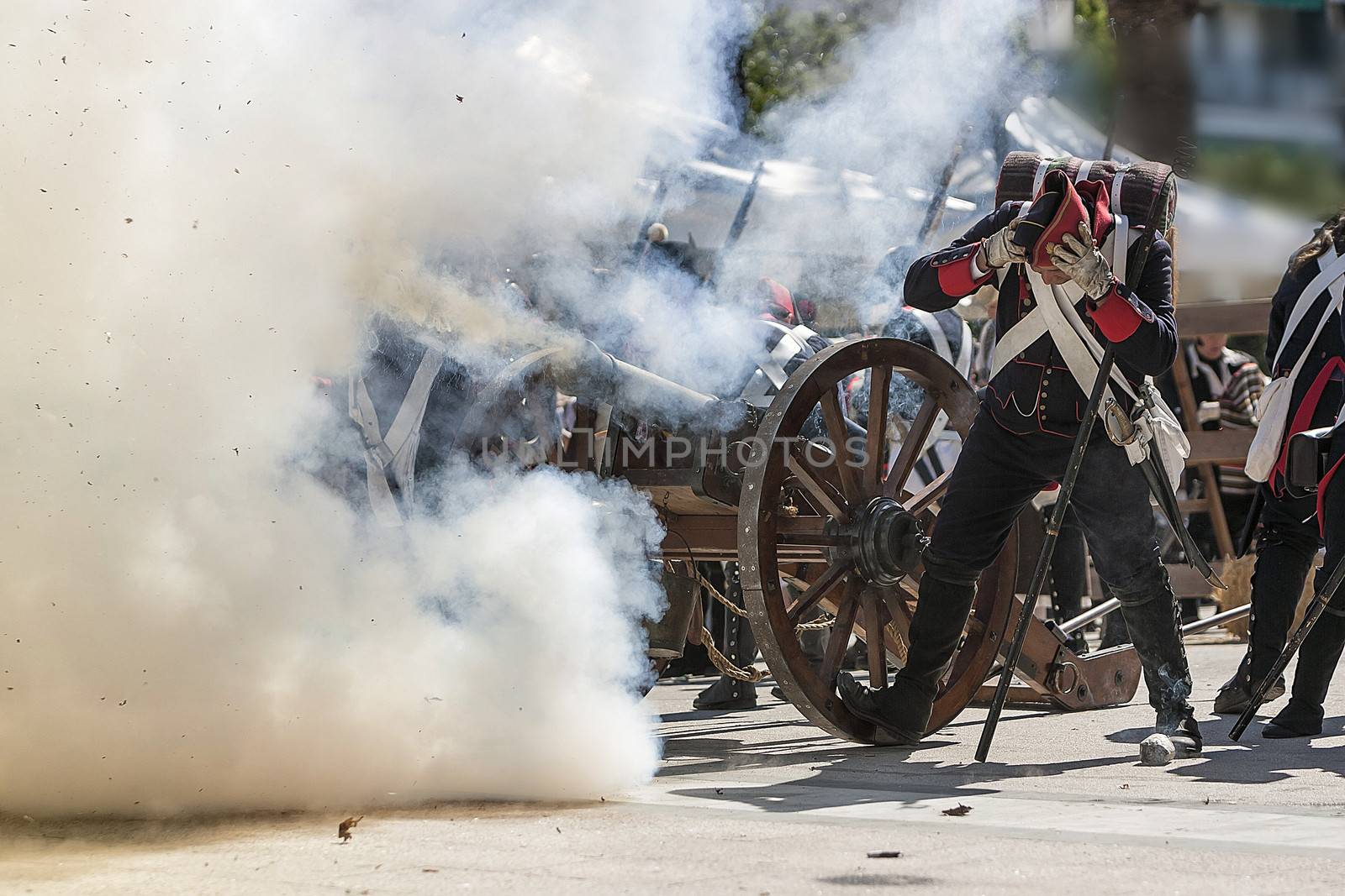 Soldiers firing at the enemy in Representation of the Battle of Bailen, Bailen  Jaen province, Andalusia, Spain