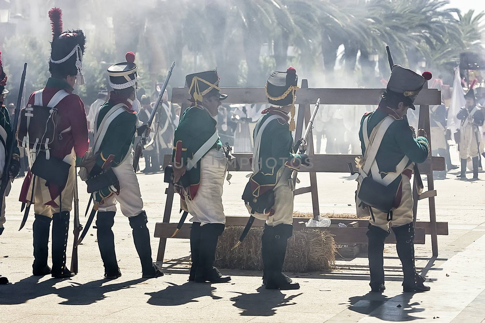 French soldiers firing from a barricade during the Representation of the Battle of Bailen, Bailen  Jaen province, Andalusia, Spain