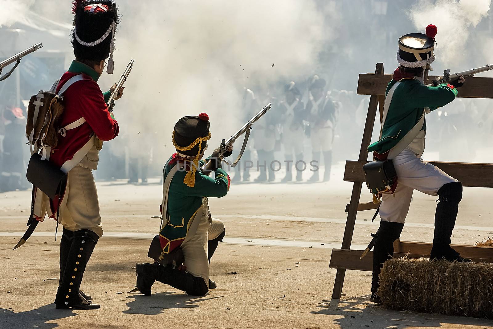 French soldiers firing from a barricade during the Representation of the Battle of Bailen, Bailen  Jaen province, Andalusia, Spain