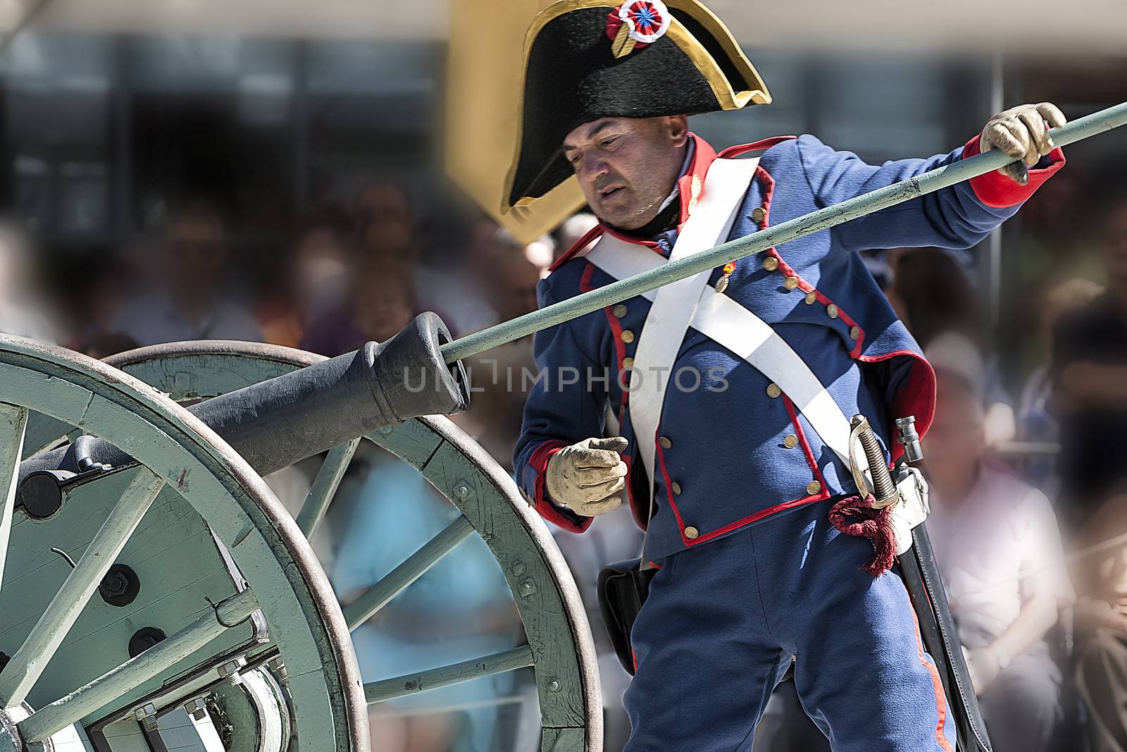 French Soldier charging a fee during the Representation of the Battle of Bailen, Bailen  Jaen province, Andalusia, Spain