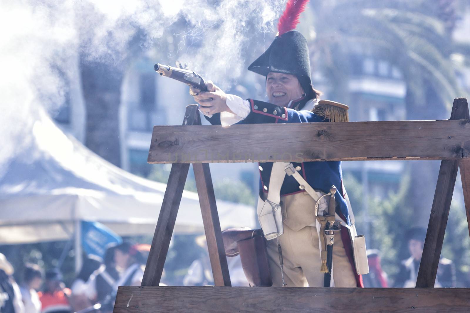 French soldier firing a gun during the Representation of the Battle of Bailen, Bailen  Jaen province, Andalusia, Spain