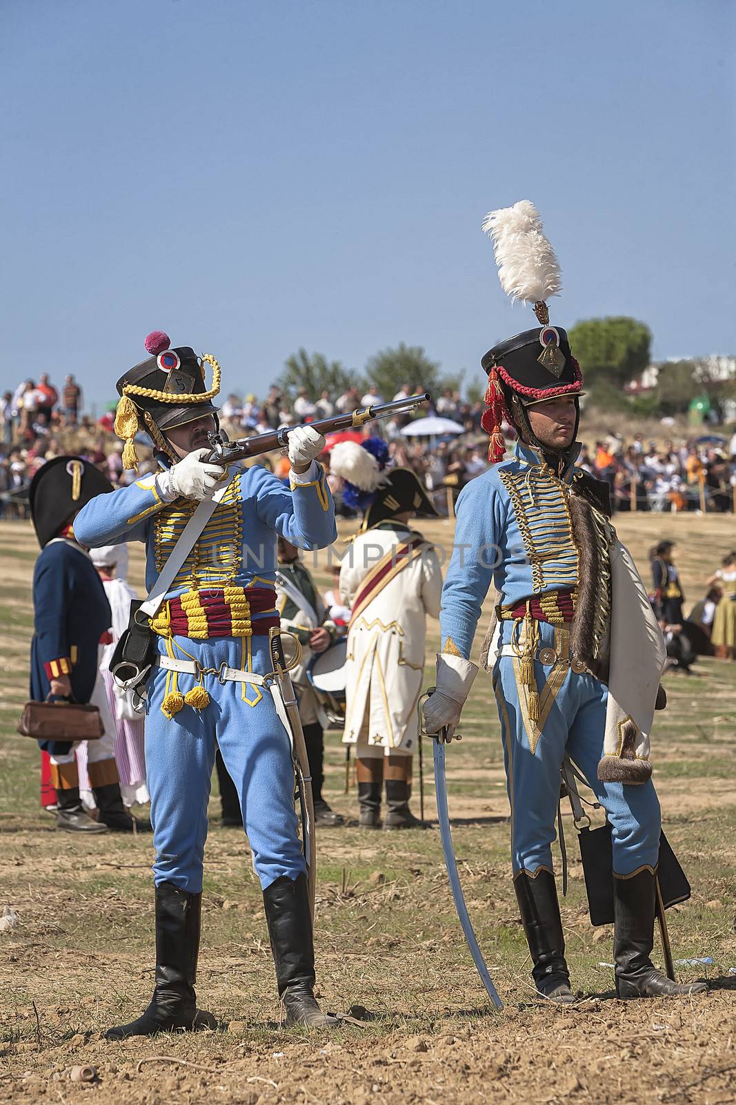 French troops firing on the battlefield during the Representation of the Battle of Bailen, Bailen  Jaen province, Andalusia, Spain