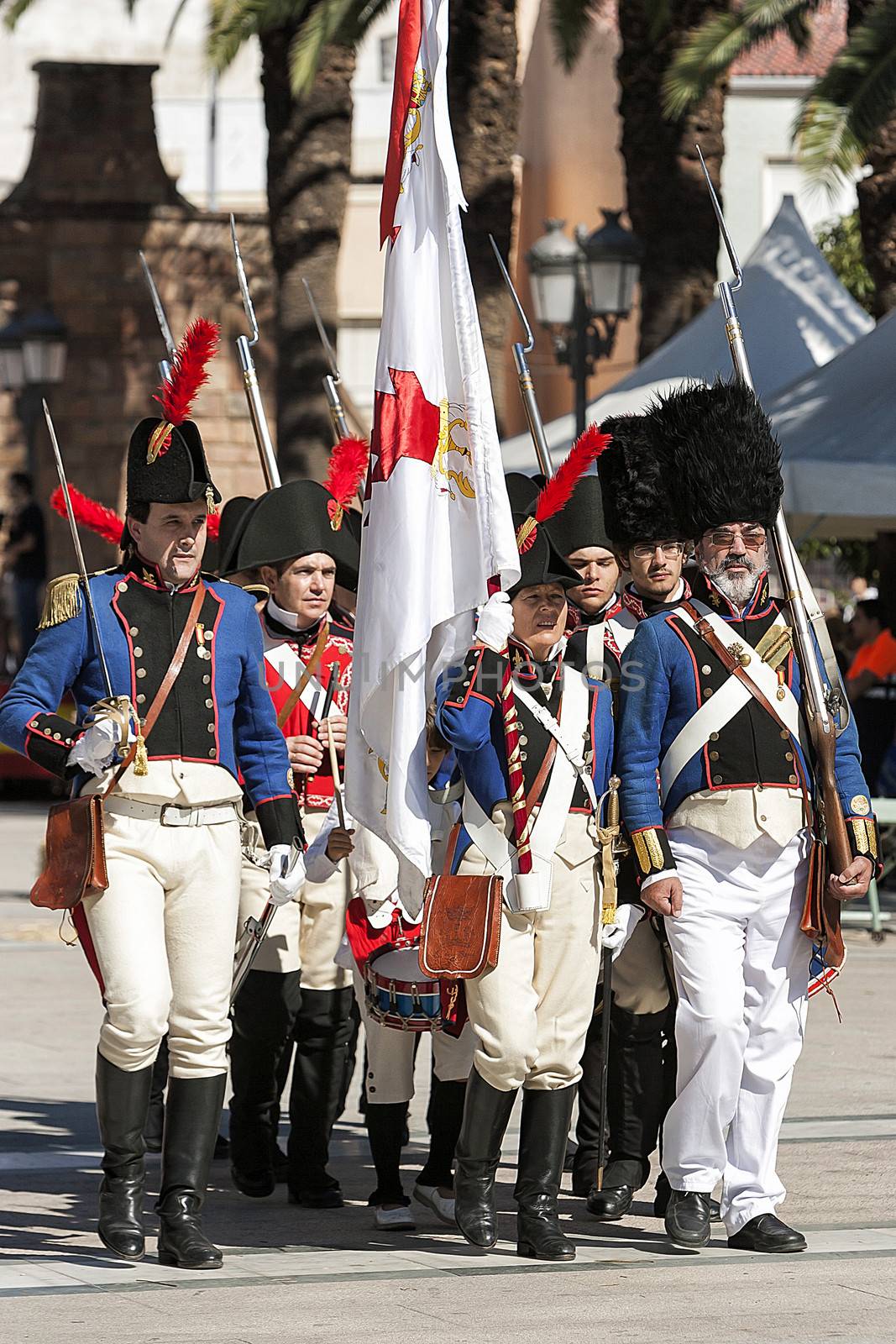 French troops marching in the Representation of the Battle of Bailen, Bailen  Jaen province, Andalusia, Spain