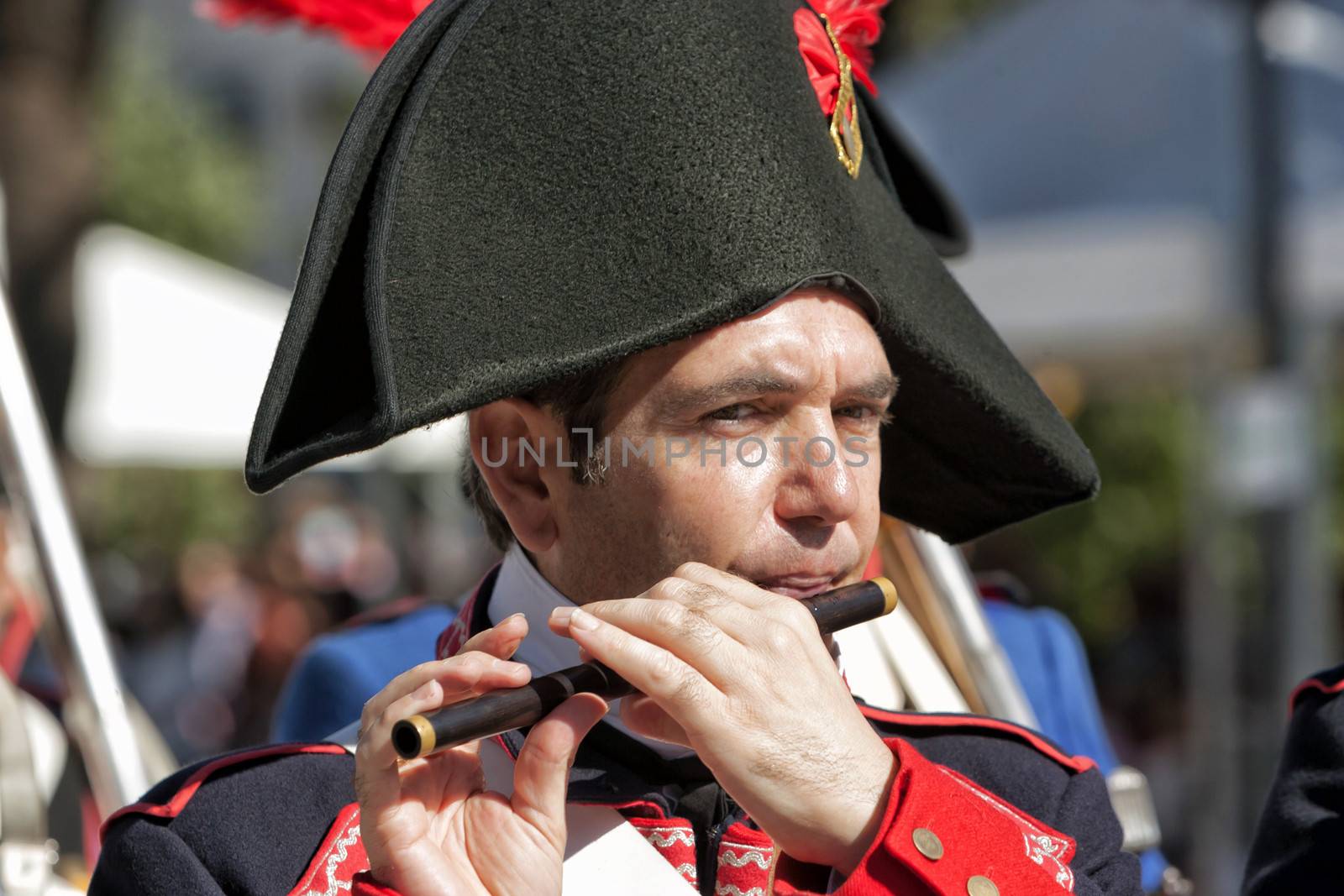 French Soldier playing the piccolo during Representation of the Battle of Bailen, Bailen  Jaen province, Andalusia, Spain