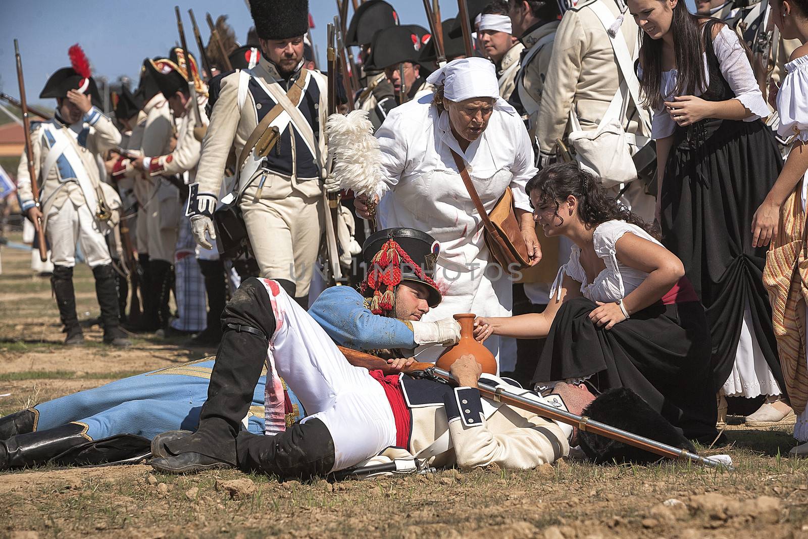 French soldier wounded on the battlefield during Representation of the Battle of Bailen, Bailen  Jaen province, Andalusia, Spain