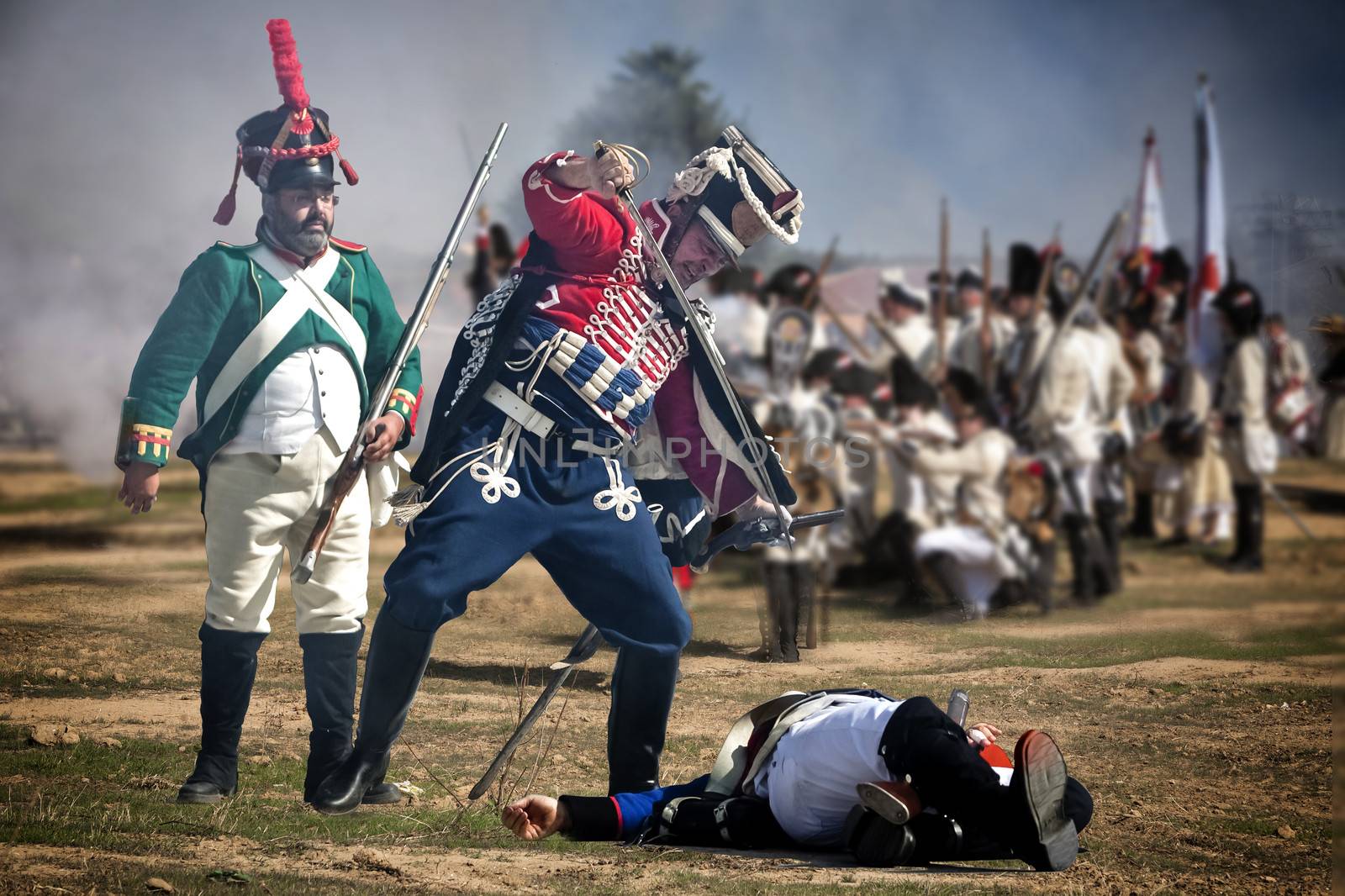 French Soldier attacking enemy soldier during Representation of the Battle of Bailen, Bailen  Jaen province, Andalusia, Spain