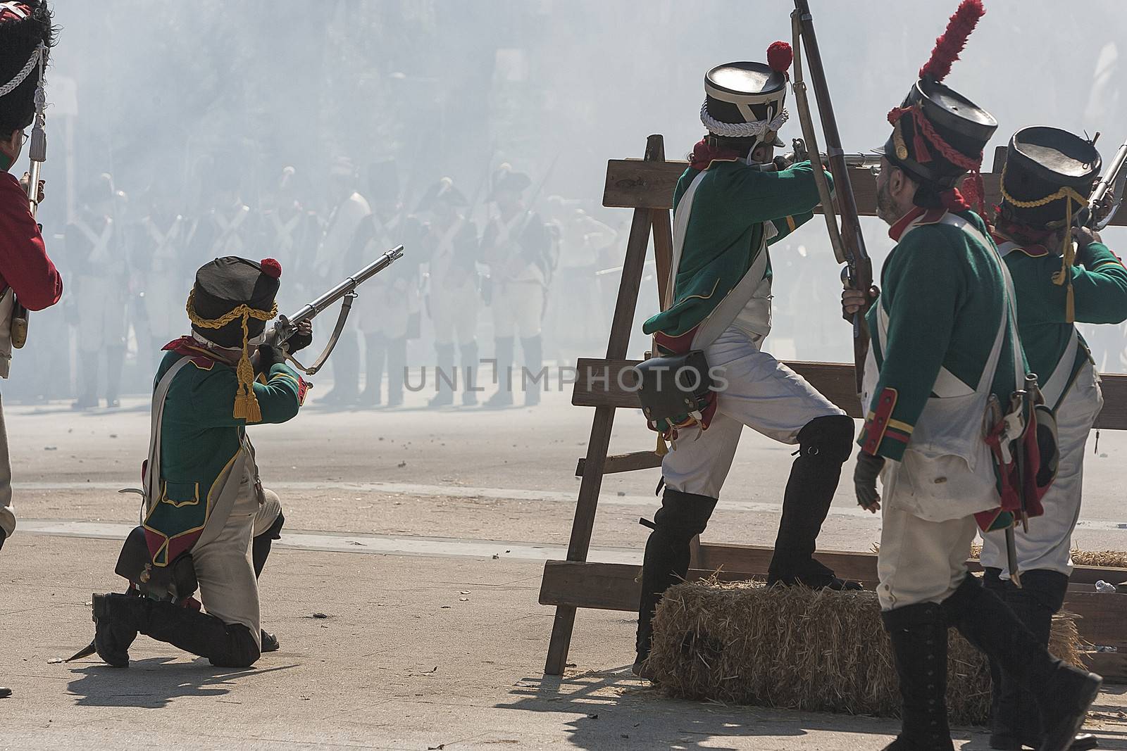 French soldiers at the barricades by firing at the enemy during Representation of the Battle of Bailen, Bailen  Jaen province, Andalusia, Spain