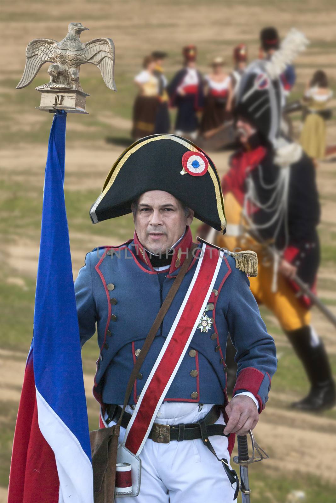 French soldier with the French flag during Representation of the Battle of Bailen, Bailen  Jaen province, Andalusia, Spain