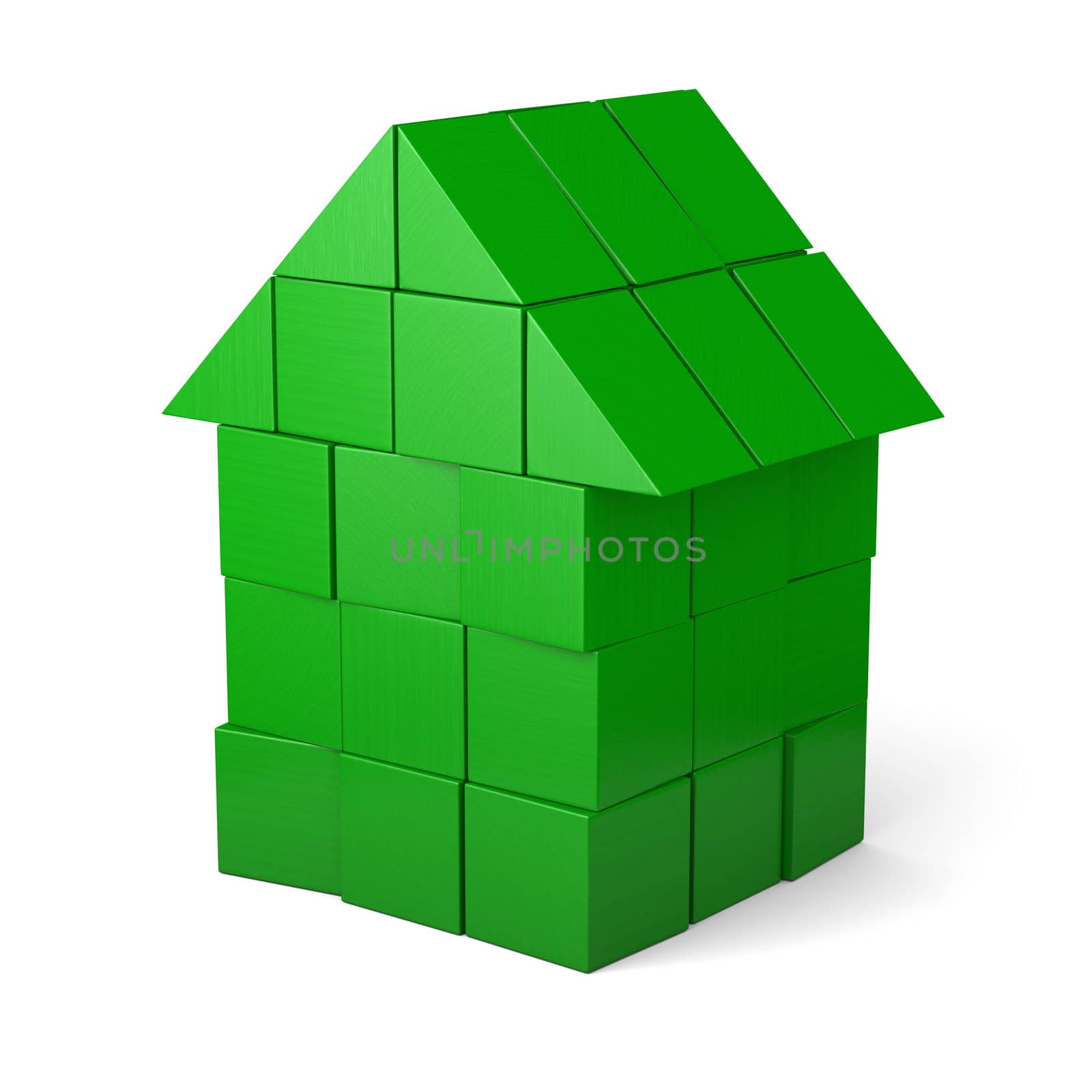 Green house made of wooden cubes isolated on white background