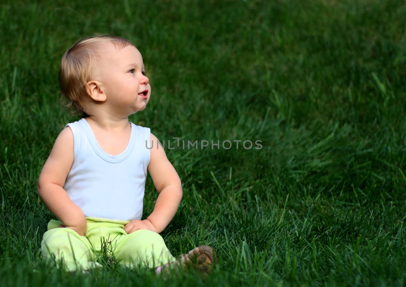 Boy sits on a grass