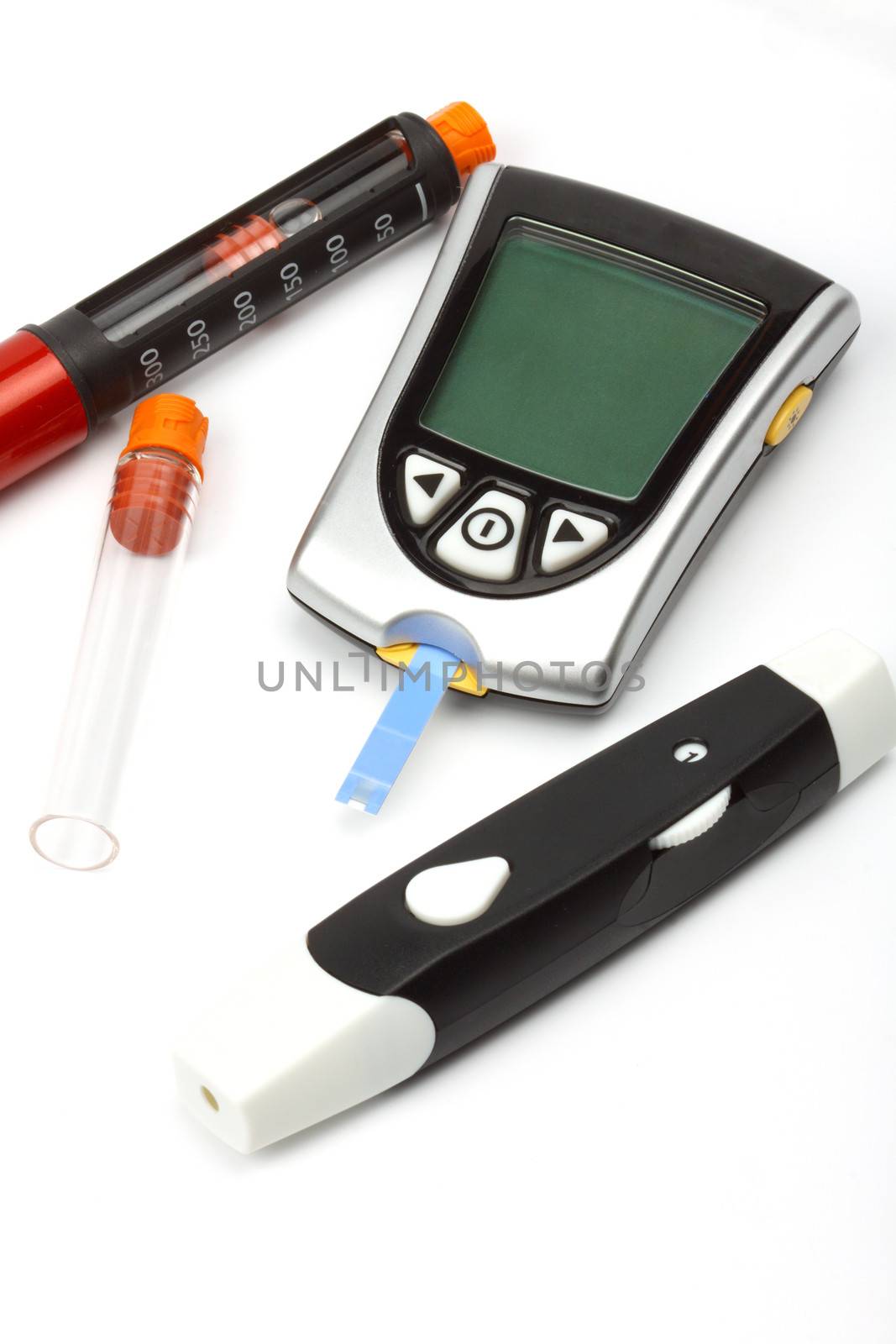 Diabetes equipment, Insulin pen and glucose level blood test 