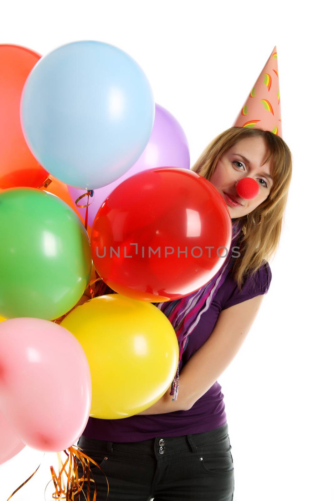 Girl with colored baloons isolated on the white