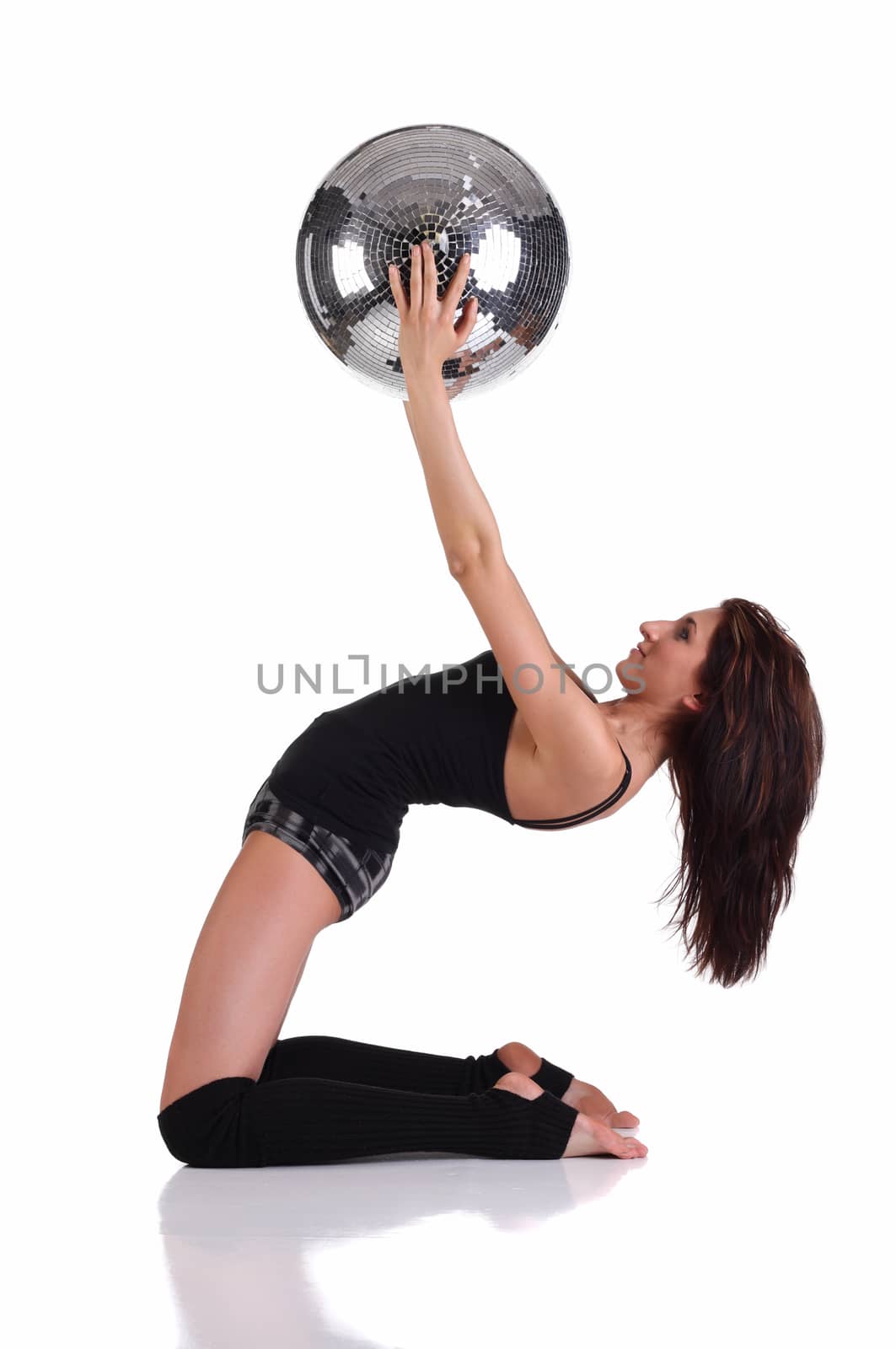 Girl holding disco ball isolated on the white background