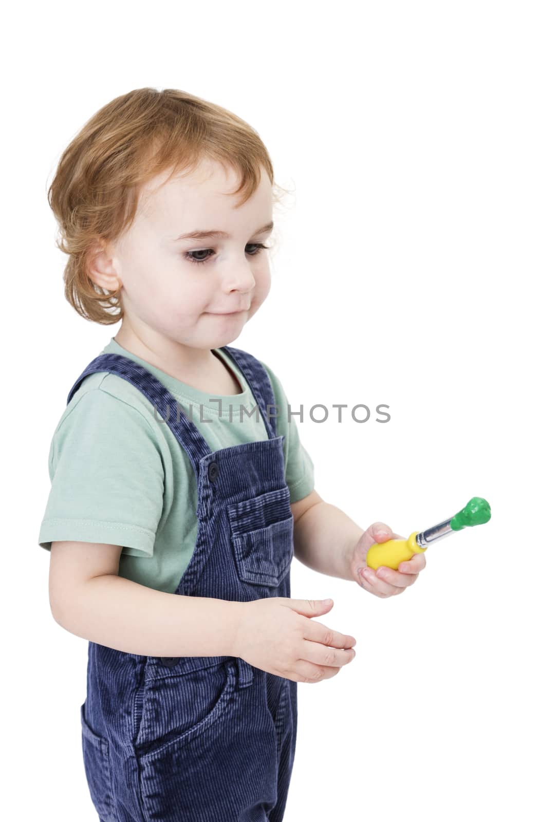 girl with brush and green paint isolated on white background. Studio shot