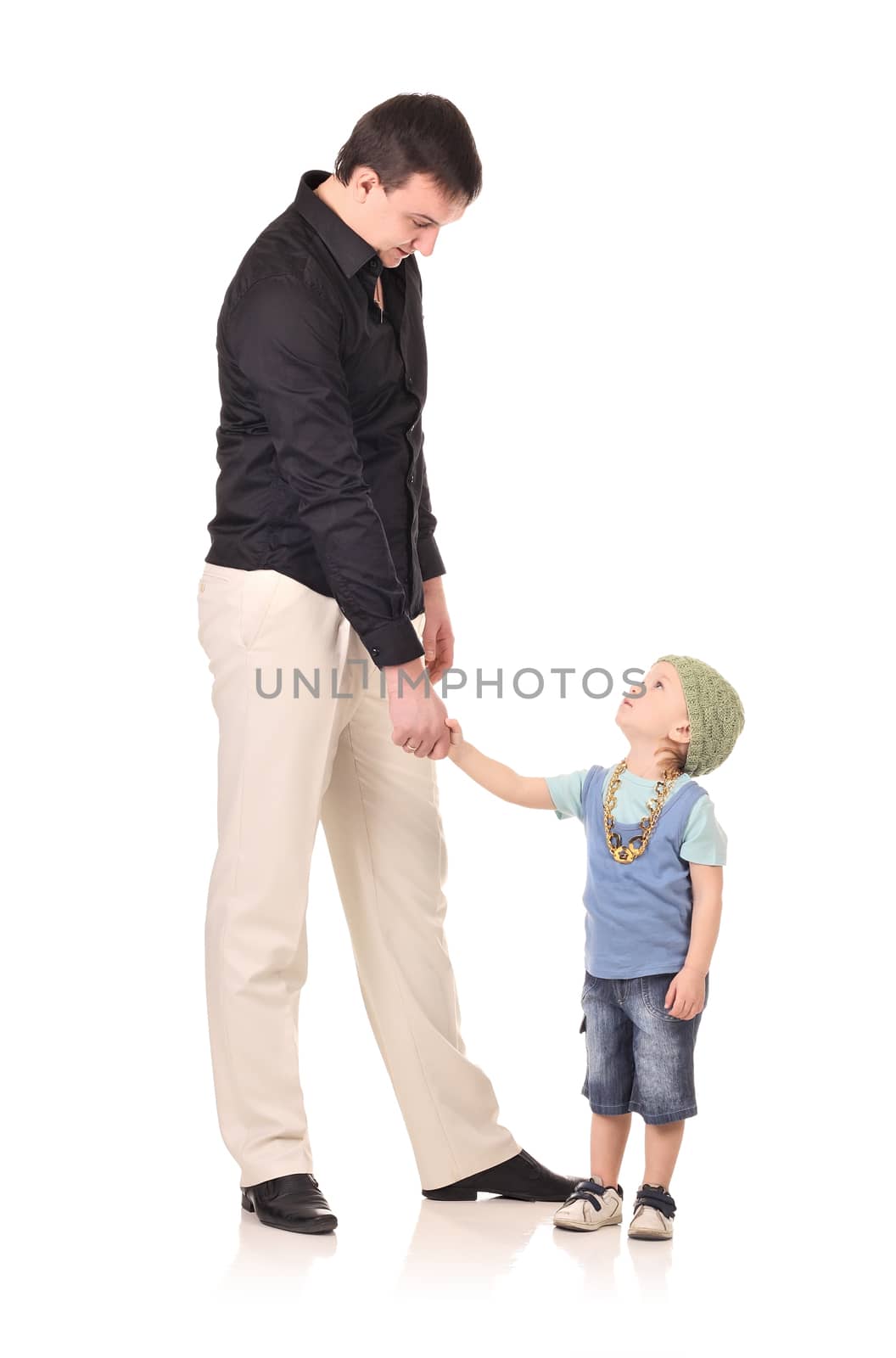 Man and little boy shaking hands isolated on the white