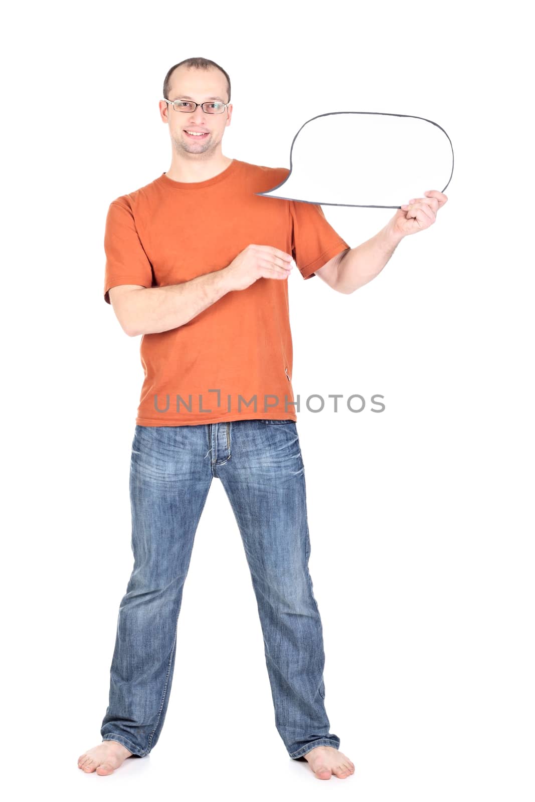 Young man holds a blank card isolated at the white background