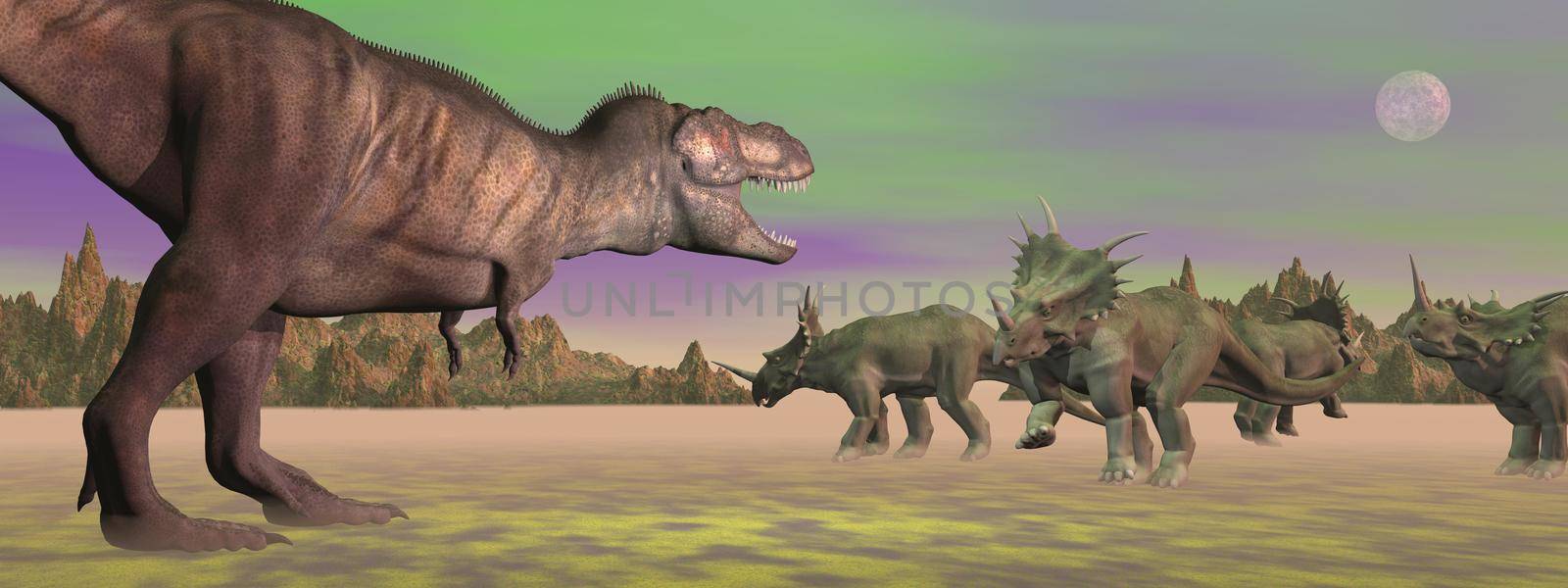 Tyrannosaurus attacking styracosaurus dinosaurs in desert landscape by green full moon light